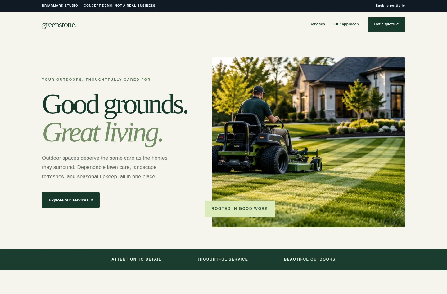 Greenstone landscaping concept website, with professional landscaping photography and modern typography