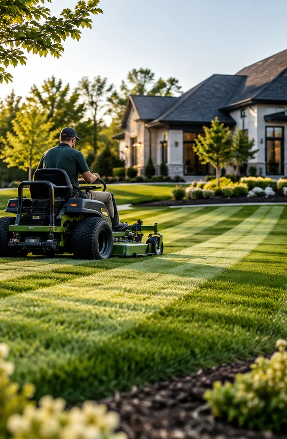 Landscaping professional mowing a beautifully maintained property