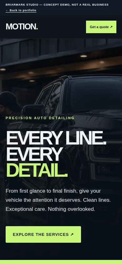 Mobile preview of a bold auto detailing website